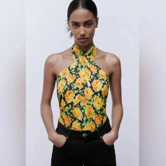 NWT Zara Twisted Halter Floral Black & Yellow Bodysuit - Picture 1 of 9